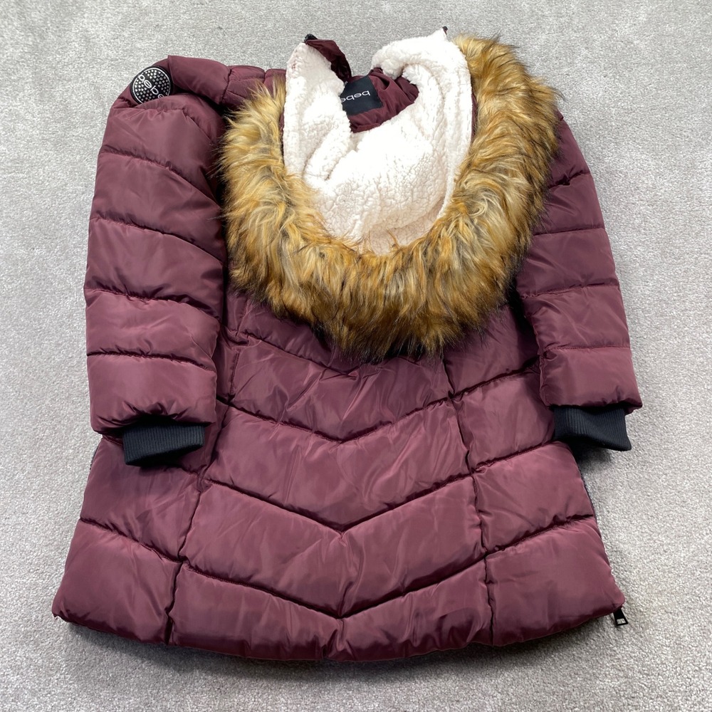Bebe Puffer Parka Women Medium Burgundy Faux Fur Hood Rhinestone Logo Quilted